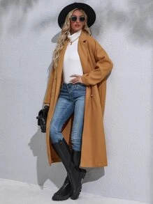 Drop Shoulder Double Breasted Overcoat - Camel - View 3