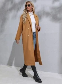 Drop Shoulder Double Breasted Overcoat - Camel - View 4
