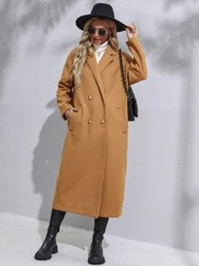 Drop Shoulder Double Breasted Overcoat - Camel - View 5