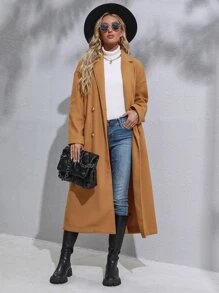 Drop Shoulder Double Breasted Overcoat - Camel - View 6
