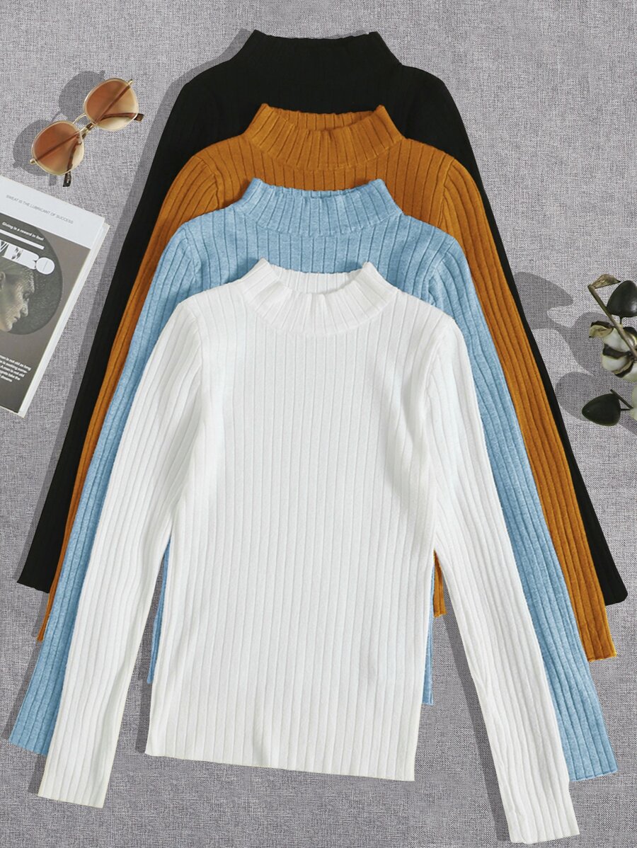 4pcs Ribbed Knit Stand Neck Sweater - Multicolor - View 1