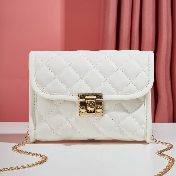 

Quilted Pattern Chain Square Bag, White