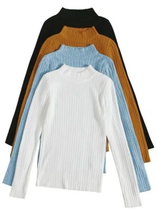 4pcs Ribbed Knit Stand Neck Sweater - Multicolor - View 3