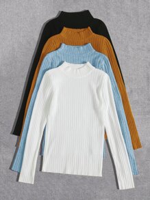 4pcs Ribbed Knit Stand Neck Sweater - Multicolor - View 5