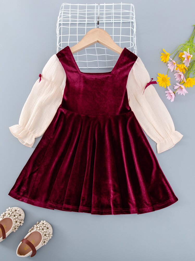 Niñitas Vestido con diseño de lazo de manga con volante de cuello cuadrado - Burdeos - Añade 1