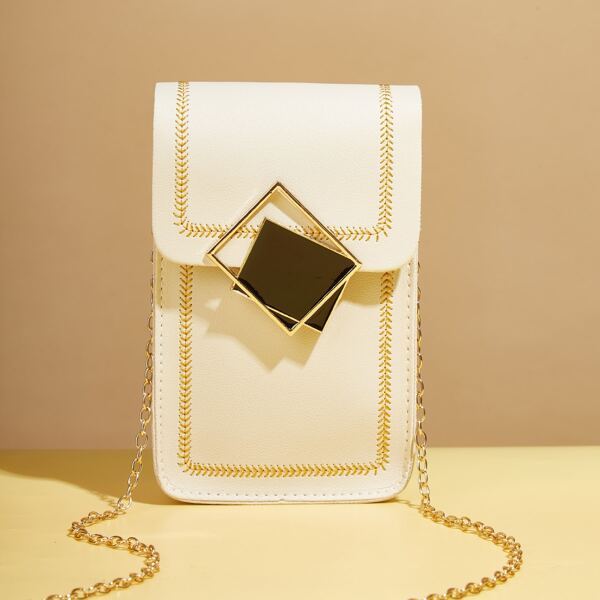 

Metal Lock Stitch Detail Chain Square Bag, White