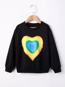 Girls Heart Print Drop Shoulder Sweatshirt - Black - View 1
