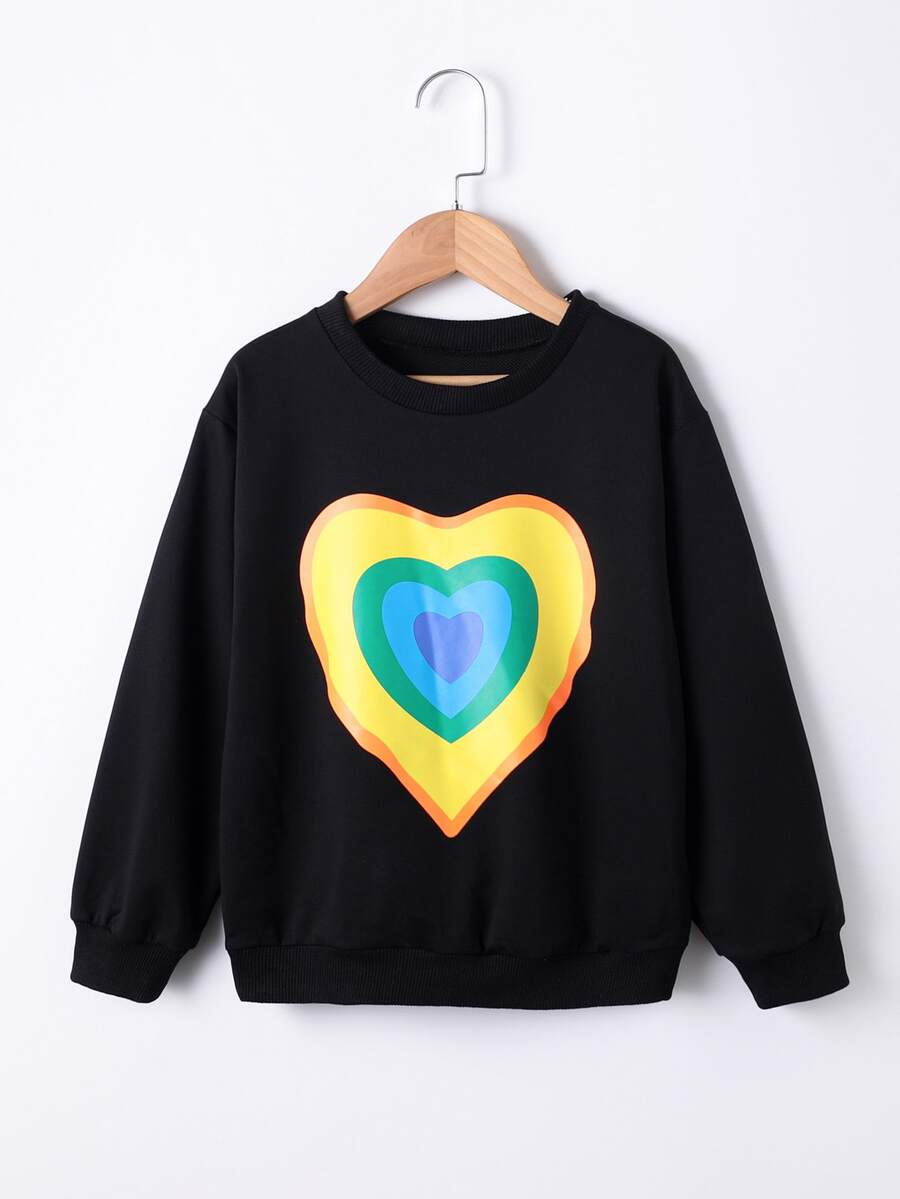 Girls Heart Print Drop Shoulder Sweatshirt - Black - View 1