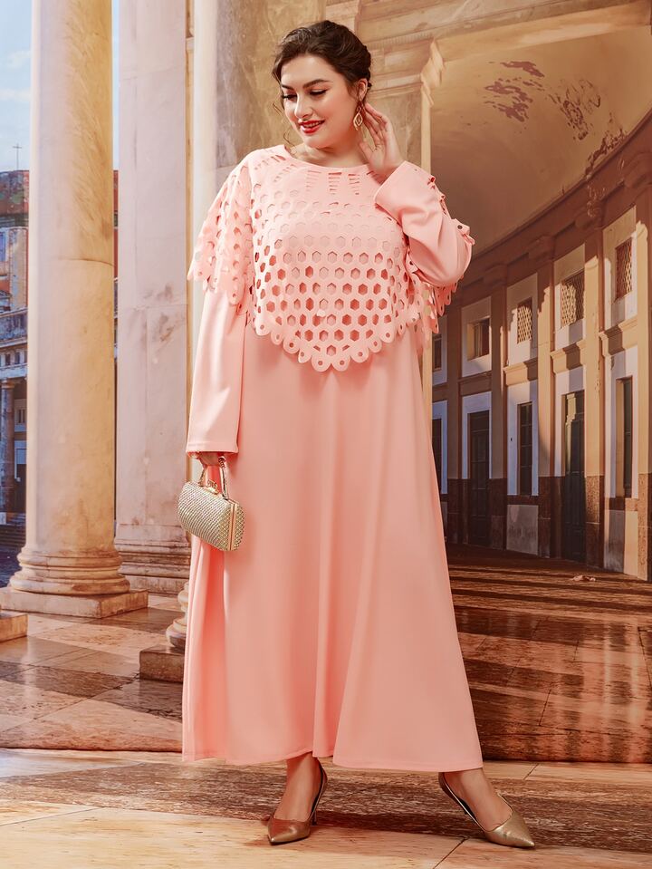 laser cut overlay dress Delgado Laser-Cut Capelet Gown