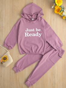 Bộ thời trang bé gái Xù nhỏ Túi Slogan Giải trí - Màu tím - Xem 1