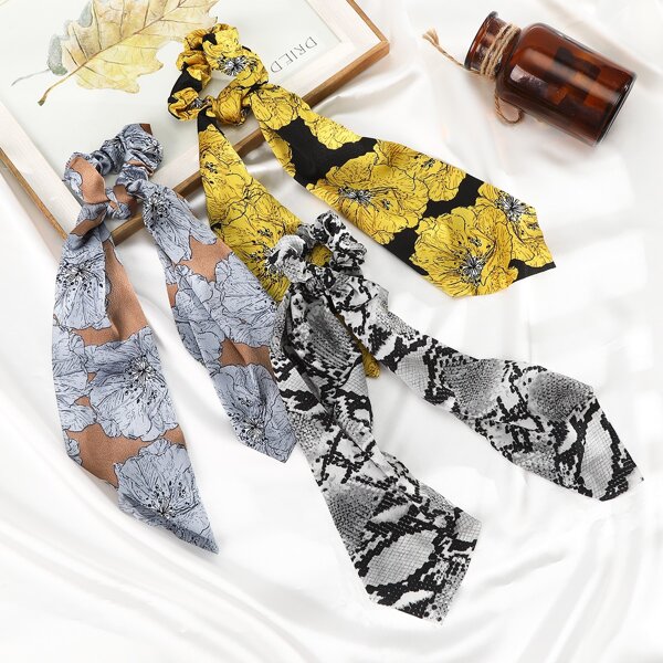 

3pcs Flower Print Scarf Hair Tie, Multicolor