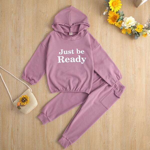 

Toddler Girls Slogan Graphic Lettuce Trim Hoodie & Sweatpants, Purple