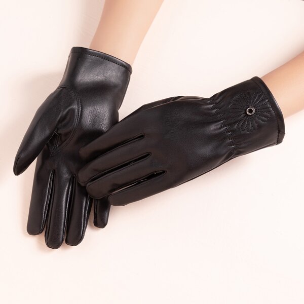 

Round Decor Stitch Detail Gloves, Black