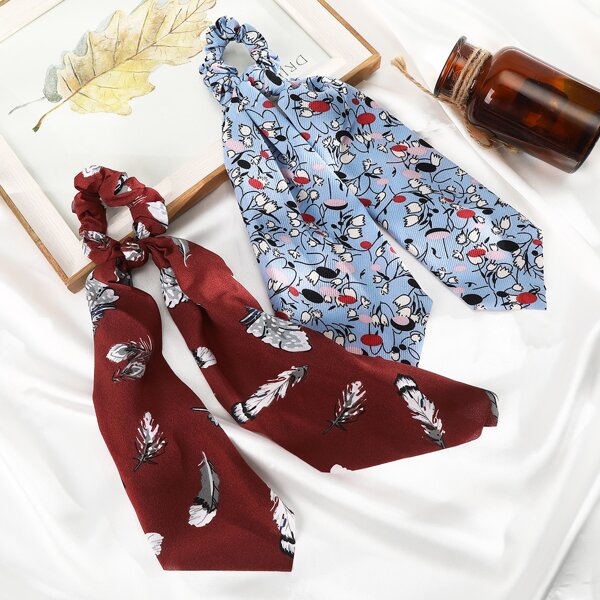 

2pcs Feather Print Scarf Hair Tie, Multicolor
