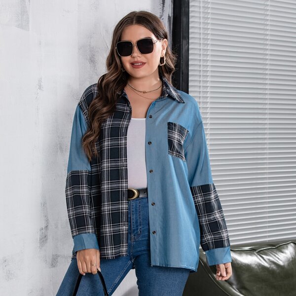 

Plus Plaid Panel Drop Shoulder Blouse, Multicolor