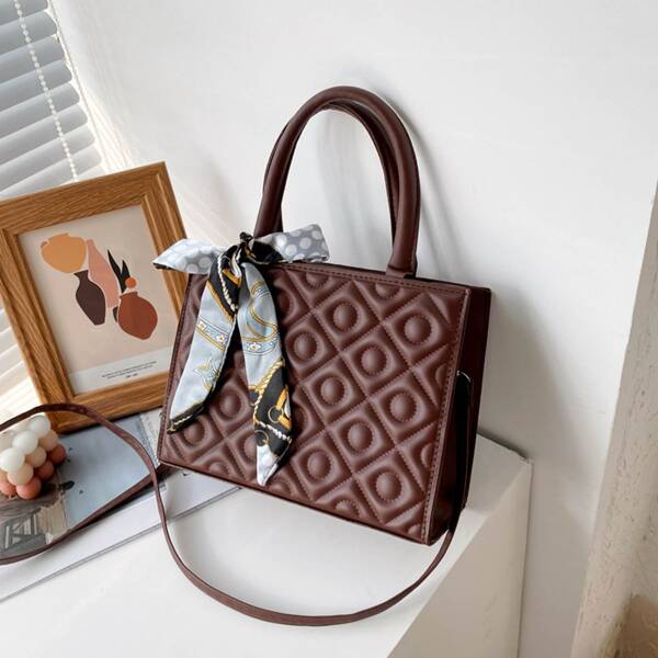 

Twilly Scarf Decor Textured Square Bag, Brown