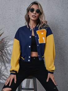 Letter Patch Detail Drop Shoulder Two Tone Varsity Jacket - Multicolor - View 1