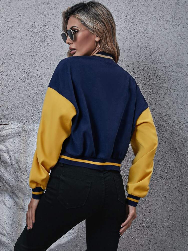 Cazadora de universidad con diseño de parche de letra de hombros caídos de dos tonos - Multicolor - Añade 2