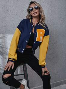Letter Patch Detail Drop Shoulder Two Tone Varsity Jacket - Multicolor - View 3