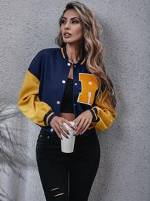 Letter Patch Detail Drop Shoulder Two Tone Varsity Jacket - Multicolor - View 4