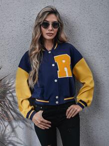 Letter Patch Detail Drop Shoulder Two Tone Varsity Jacket - Multicolor - View 5