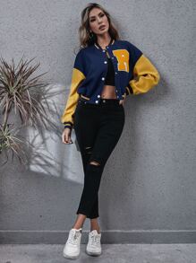 Letter Patch Detail Drop Shoulder Two Tone Varsity Jacket - Multicolor - View 6
