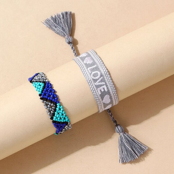 

2pcs Letter Embroidered Bracelet, Multicolor