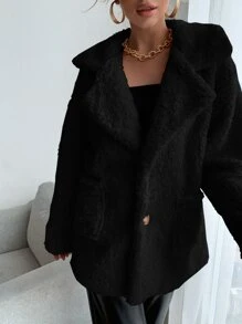 Chiquease Drop Shoulder Pocket Patched Fleece Coat Fall Winter Cloth For Women - Black - View 3