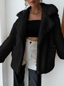 Chiquease Drop Shoulder Pocket Patched Fleece Coat Fall Winter Cloth For Women - Black - View 4