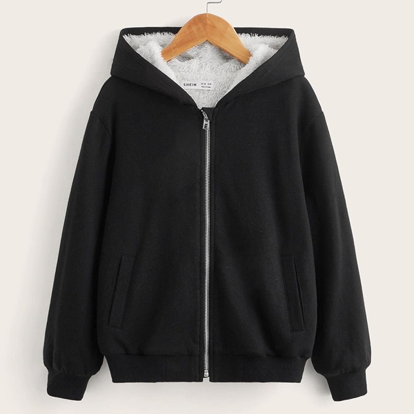 

Boys Zip Up Drop Shoulder Hooded Teddy Lined Jacket, Black