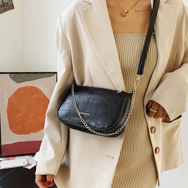 

Minimalist Stone Grain Chain Shoulder Bag, Black