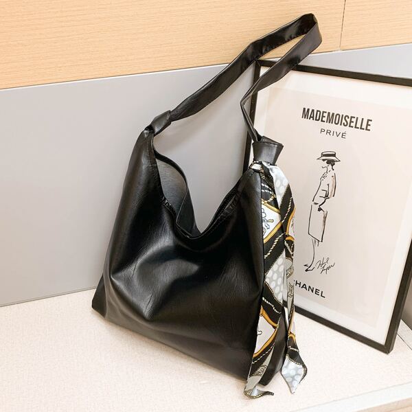 

Twilly Scarf Decor Large Capacity Shoulder Bag, Black