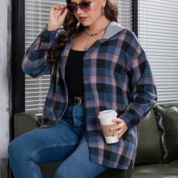 

Plus Plaid Drop Shoulder Hooded Coat, Multicolor