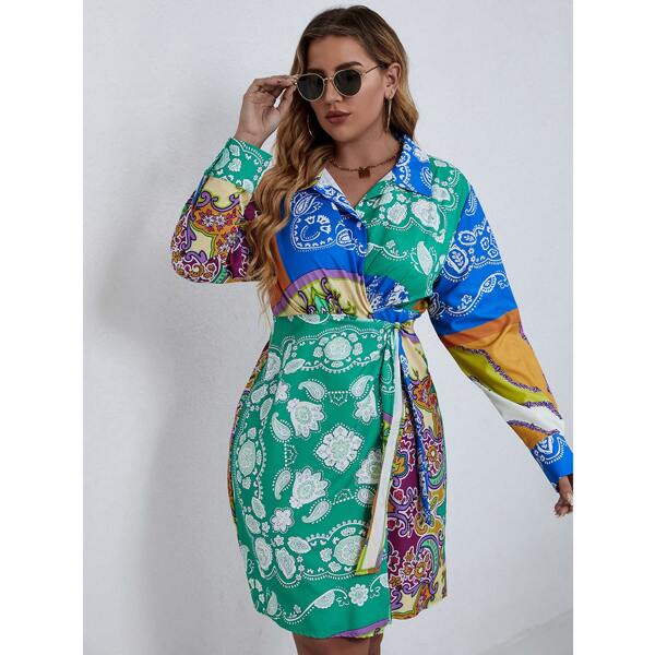 

Plus Paisley & Floral Print Color Block Tie Side Wrap Dress, Multicolor