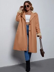 SHEIN LUNE Plus Contrast Trim Lapel Neck Slant Pockets Overcoat - Khaki - View 5