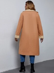SHEIN LUNE Plus Contrast Trim Lapel Neck Slant Pockets Overcoat - Khaki - View 2