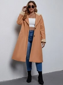 SHEIN LUNE Plus Contrast Trim Lapel Neck Slant Pockets Overcoat - Khaki - View 3