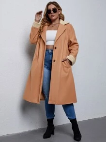 SHEIN LUNE Plus Contrast Trim Lapel Neck Slant Pockets Overcoat - Khaki - View 6