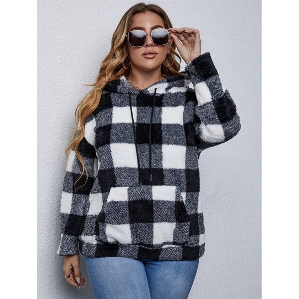 

Plus Buffalo Plaid Pattern Drop Shoulder Kangaroo Pocket Drawstring Flannel Hoodie, Black and white