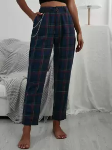 Chain Detail Tartan Plaid Pants - Navy Blue - View 1