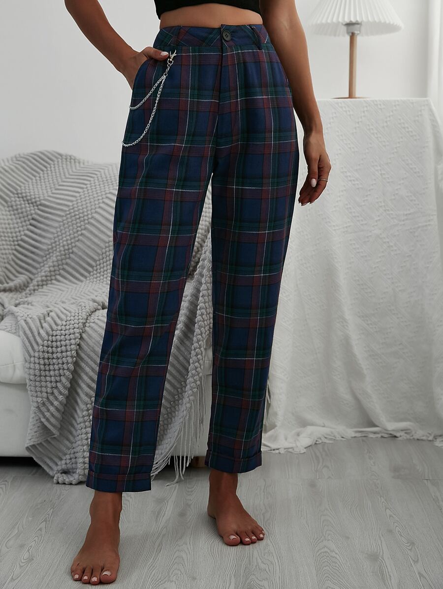 Chain Detail Tartan Plaid Pants - Navy Blue - View 1