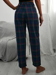 Chain Detail Tartan Plaid Pants - Navy Blue - View 2