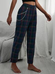 Chain Detail Tartan Plaid Pants - Navy Blue - View 3