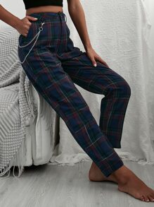 Chain Detail Tartan Plaid Pants - Navy Blue - View 4