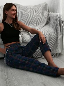 Chain Detail Tartan Plaid Pants - Navy Blue - View 5
