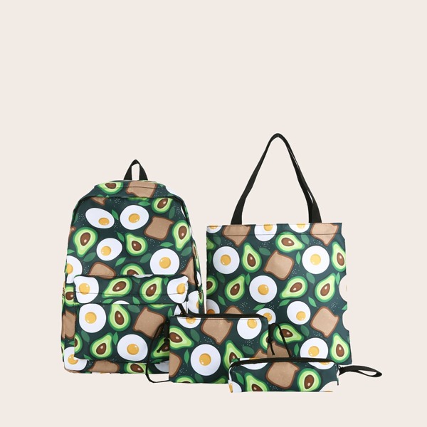 

4pcs All Over Print Backpack Set, Green