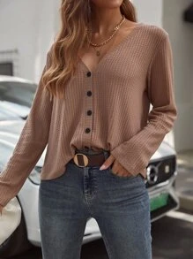 SHEIN LUNE Áo nữ Nút phía trước màu trơn Giải trí - Màu be - Xem 1