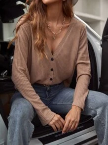 SHEIN LUNE Áo nữ Nút phía trước màu trơn Giải trí - Màu be - Xem 3