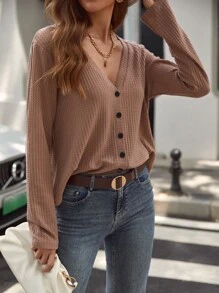 SHEIN LUNE Áo nữ Nút phía trước màu trơn Giải trí - Màu be - Xem 6