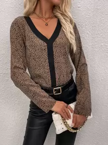 SHEIN Clasi 斑點印花拼接邊襯衫 - 摩卡棕 - 查看 1